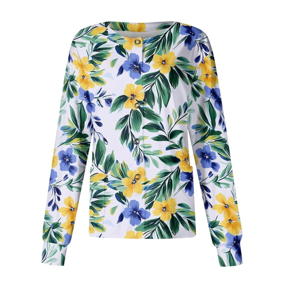 Long Sleeve Scrub Tops Women Snap Front Plus Size Scrub Jackets Fashion Floral Print Women's Medical Scrub Jackets Soft Breathable Nurse Working Uniform Green S