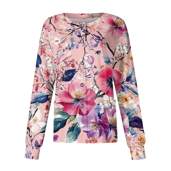 Long Sleeve Scrub Tops Women Snap Front Plus Size Scrub Jackets for Women Funny Floral Print Scrub Jackets Soft Breathable Nurse Working Uniform Pink 4XL