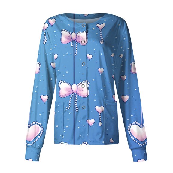 Long Sleeve Scrub Tops Women Valentines Button Down Scrubs Jacket Heart Print Nurse Jackets for Women with Pockets Blue XXL
