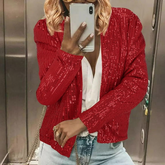 Long Sleeve Sequin Jacket Women's Open Front Glitter Sparkly Party Casual Cardigan Blazer