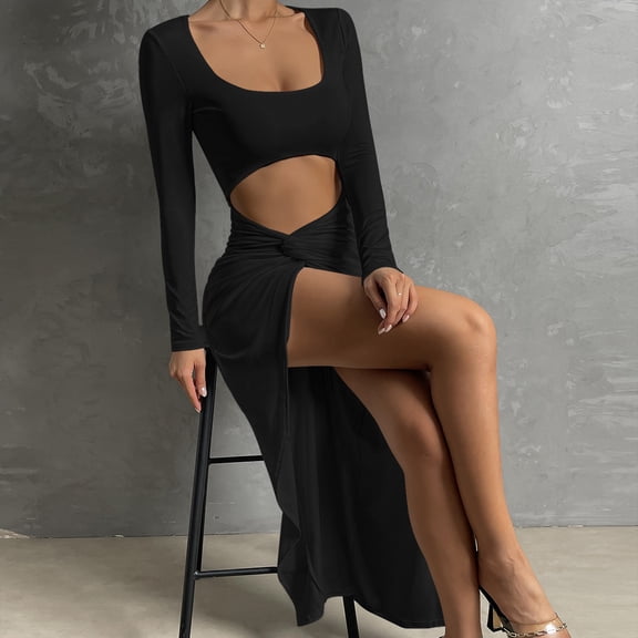 Long Sleeve Sexy Square Neck Waist-Exposing Slit Dress