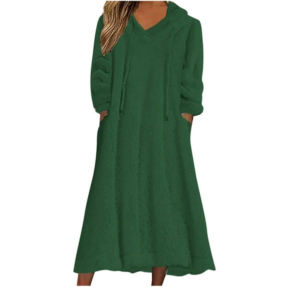 Long Sleeve Sherpa Fleece Hoodie Dress for Women with Pockets Drawstring Soft Warm Plush Sweatshirt Pajama Dress (S, Green)
