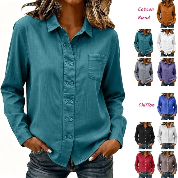 Long Sleeve Shirt Dqueduo Women's Solid Collared Long Sleeve Casual Blouse Cotton Linen Blend Shirt Green M