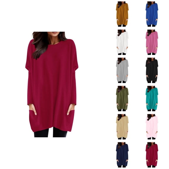 Long Sleeve Shirt Dresses for Women 2026 Casual Crewneck Pullover Tops Mini Dresses Long Tshirts with Pockets