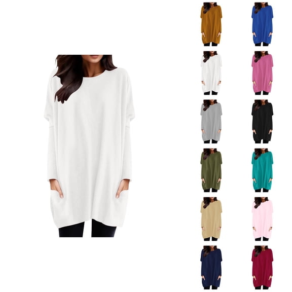 Long Sleeve Shirt Dresses for Women 2026 Casual Crewneck Pullover Tops Mini Dresses Long Tshirts with Pockets