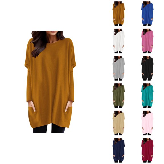 Long Sleeve Shirt Dresses for Women 2026 Casual Crewneck Pullover Tops Mini Dresses Long Tshirts with Pockets