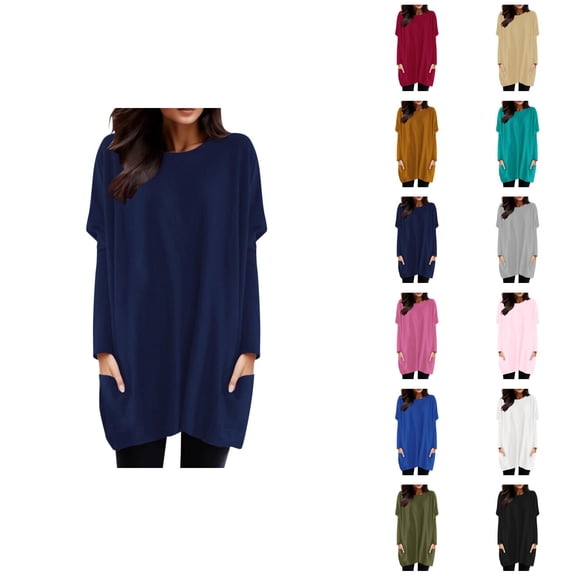 Long Sleeve Shirt Dresses for Women 2026 Fashion Crewneck Pullover Tops Long Tshirts Mini Dresses with Pockets