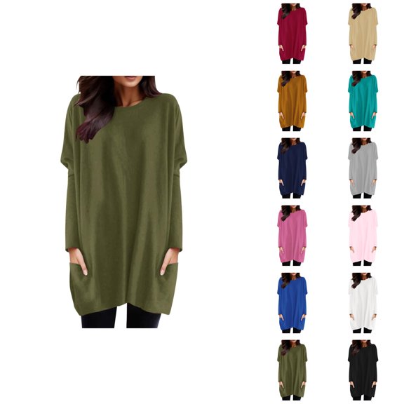Long Sleeve Shirt Dresses for Women 2026 Fashion Crewneck Pullover Tops Long Tshirts Mini Dresses with Pockets