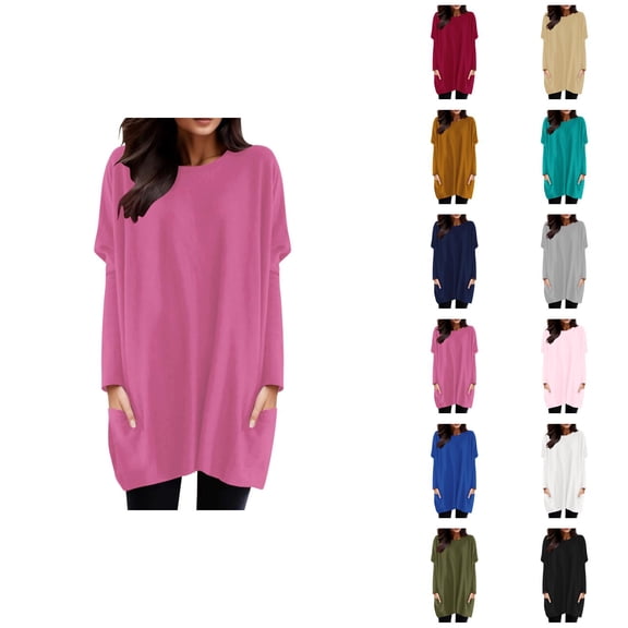 Long Sleeve Shirt Dresses for Women 2026 Fashion Crewneck Pullover Tops Long Tshirts Mini Dresses with Pockets