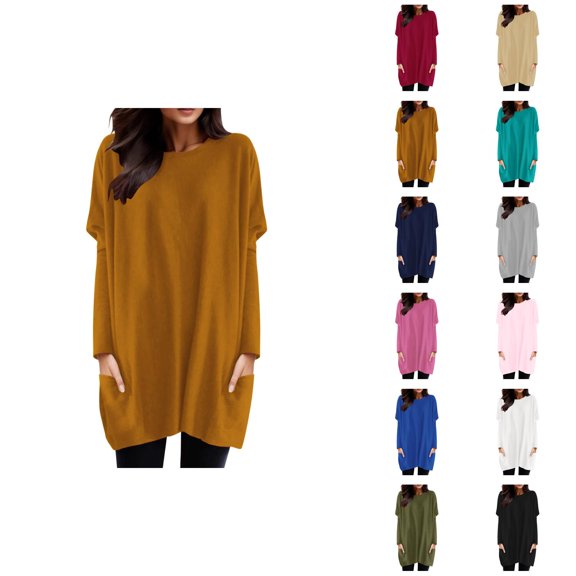 Long Sleeve Shirt Dresses for Women 2026 Fashion Crewneck Pullover Tops Long Tshirts Mini Dresses with Pockets