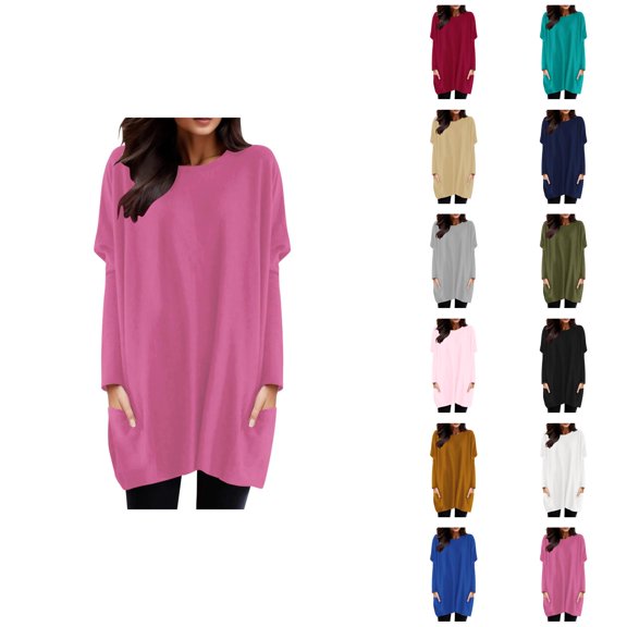 Long Sleeve Shirt Dresses for Women 2026 Fashion Crewneck Pullover Tops Long Tshirts with Pockets Mini Dresses