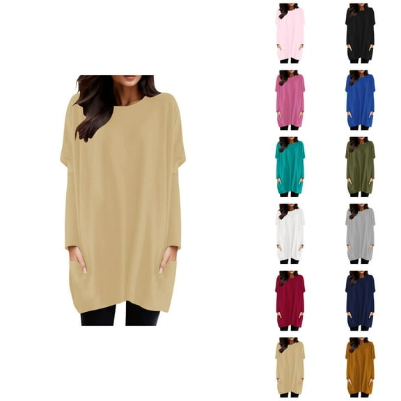 Long Sleeve Shirt Dresses for Women 2026 Fashion Crewneck Pullover Tops Mini Dresses with Pockets Long Tshirts