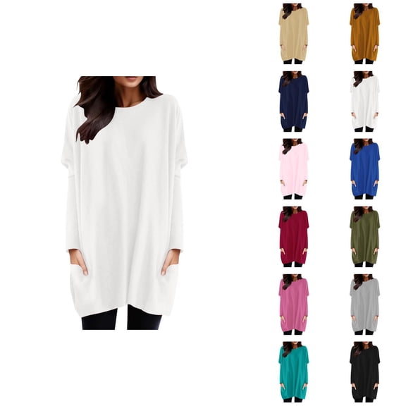 Long Sleeve Shirt Dresses for Women 2026 Trendy Crewneck Pullover Tops Long Tshirts Mini Dresses with Pockets