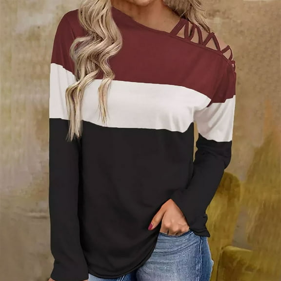 Long Sleeve Shirt For Women Off Shoulder Cross Strap Plaid Color Block Trendy Ladies Blouse Crewneck Pullover (XXL, Wine)