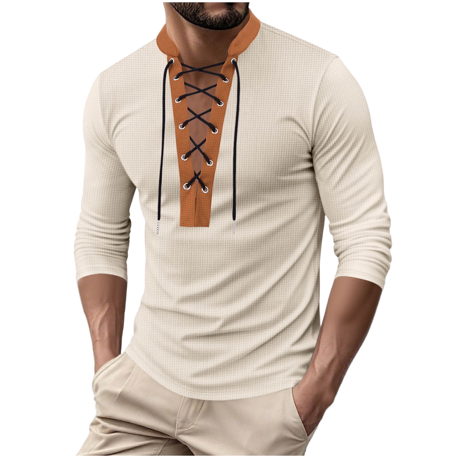 Men Shirt Long Sleeve Mens Vintage Lace Up V-Neck Long Sleeve