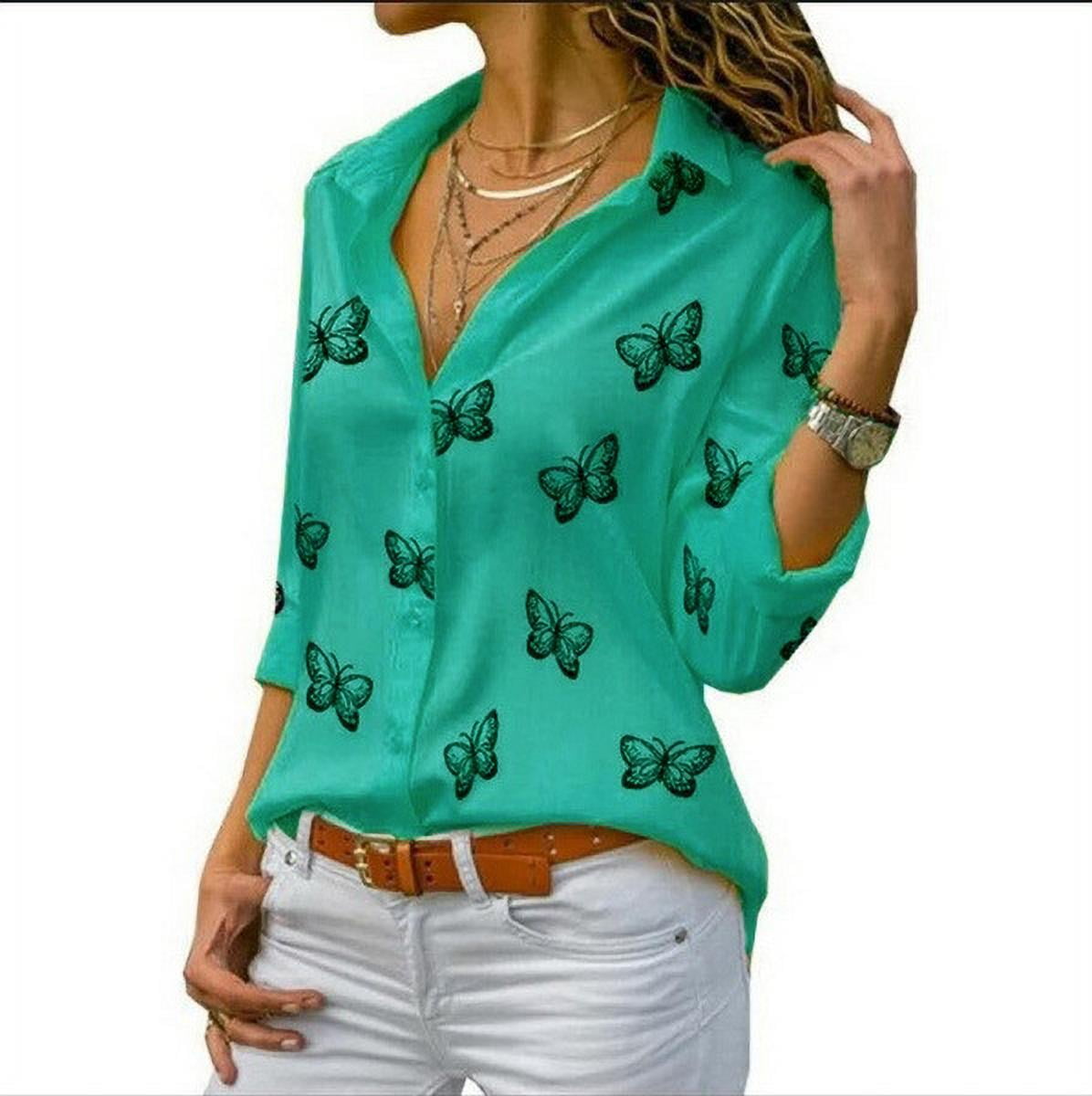 Long Sleeve Shirt Multicolor Butterfly Loose Lapel Shirt for Women ...
