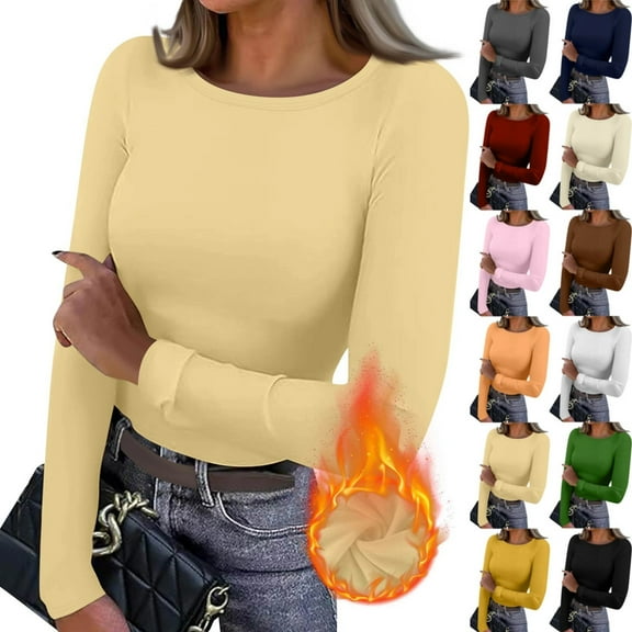 Long Sleeve Shirt for Women Slim Fit Thermal Fleece Lined Baselayer Shirt Stretch Fitted Underwear Shirt Fall Winter Cold Weather Crew Neck Blouse，Fluorescence Yellow XXL