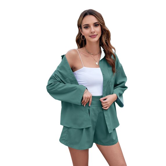 Long Sleeve Shirt and Shorts Sets Green S