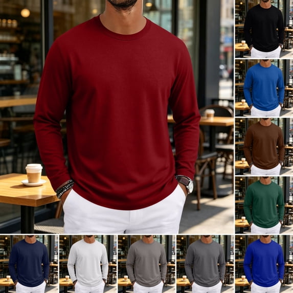 Long Sleeve Shirt for Men Comfortable Lightweight Crew Neck T-Shirt Fall Soft Casual Regular Fit Solid Color Shirts Wine L
