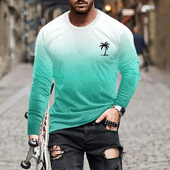 Long Sleeve Shirt for Men Fall Workout Muscle Gym T Shirts Crew Neck Gradient Tee Tops Casual Ombre Color Loose Pullover Graphic Tee Shirts
