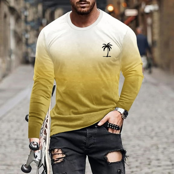 Long Sleeve Shirt for Men Fall Workout Muscle Gym T Shirts Crew Neck Gradient Tee Tops Casual Ombre Color Loose Pullover Graphic Tee Shirts