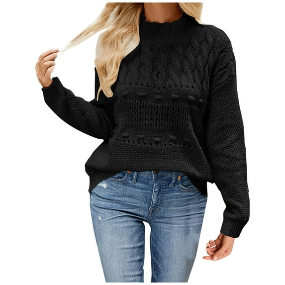 Long Sleeve Shirt for Women Cable Knit Mock Neck Lantern Sleeve Casual Loose Pullover Tops