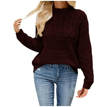 Long Sleeve Shirt for Women Cable Knit Mock Neck Lantern Sleeve Casual Loose Pullover Tops