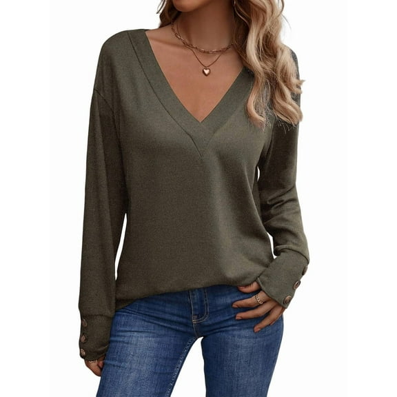 Long Sleeve Shirt for Women Fall Outfits Dressy Casual Fashion Clothing V Neck Tunic Tops with Button  Green L
