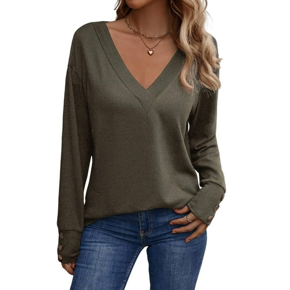 Long Sleeve Shirt for Women Fall Outfits Dressy Casual Fashion Clothing V Neck Tunic Tops with Button Green XL