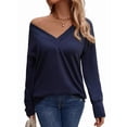 thumbnail image 1 of Long Sleeve Shirt for Women Fall Outfits Dressy Casual Fashion Clothing V Neck Tunic Tops with Button Navy Blue L, 1 of 6