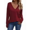 thumbnail image 1 of Long Sleeve Shirt for Women Fall Outfits Dressy Casual Fashion Clothing V Neck Tunic Tops with Button Wine Red S, 1 of 8
