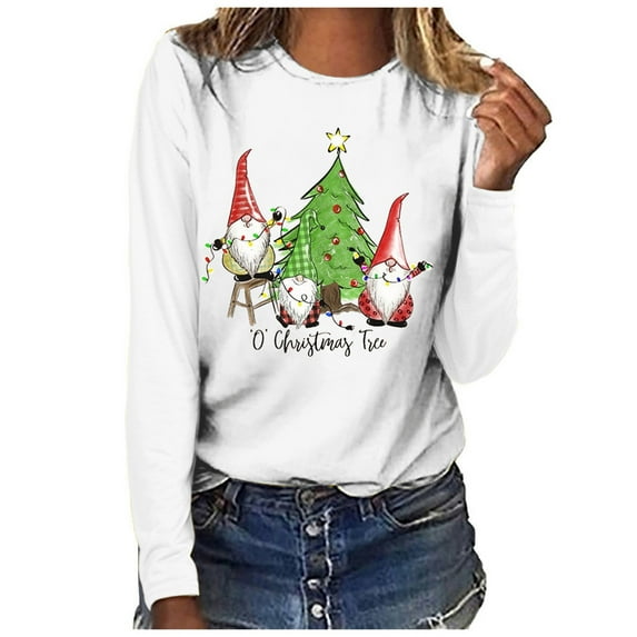Long Sleeve Shirt for Women Fashion 2025 Christmas Round Neck Gnomes Santa Graphic Vacation Casual Xmas Tees Tops