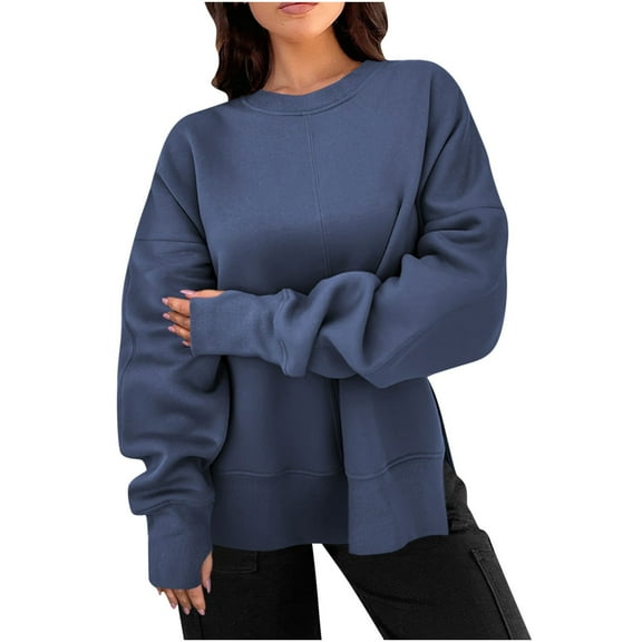 Long Sleeve Shirt for Women Round Neck Tops Oversized Side Split Sweatshirt Cotton Pullover Plain Casual Loose Hoodie (Blue M)