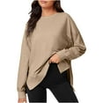 thumbnail image 1 of Long Sleeve Shirt for Women Round Neck Tops Oversized Side Split Sweatshirt Cotton Pullover Plain Casual Loose Hoodie (Khaki XL), 1 of 6