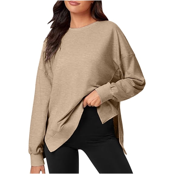 Long Sleeve Shirt for Women Round Neck Tops Oversized Side Split Sweatshirt Cotton Pullover Plain Casual Loose Hoodie (Khaki XL)