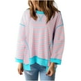 thumbnail image 1 of Long Sleeve Shirt for Women Round Neck Tops Striped Color Block Oversized Sweatshirt Cotton Pullover Hoodies Irregular Hem Tee (Sky Blue 2XL), 1 of 6