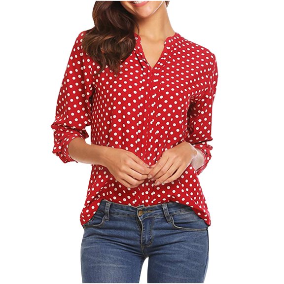 Long Sleeve Shirt for Women V-Neck Henley Shirt Polka Dot Printed Loose Fit Tee Shirt Dressy Casual Work Blouse Shirt