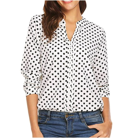 Long Sleeve Shirt for Women V-Neck Henley Shirt Polka Dot Printed Loose Fit Tee Shirt Dressy Casual Work Blouse Shirt