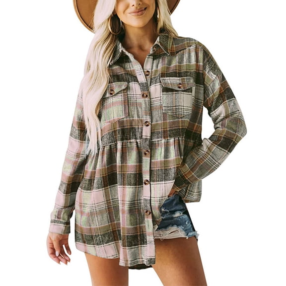 Women Button Up Long Sleeve Shirt Turn Down Collar Drop Shoulder Plaid Blouse Tops with Patch Pocket Green Plaid XL Rawiri