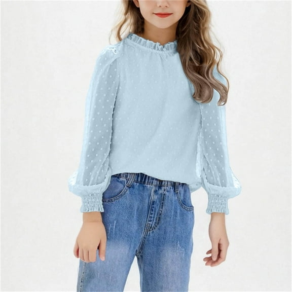 Long Sleeve Shirt with Ruffles Girls Solid Color Chiffon Blouses Frill Mock Neck Shirt Lantern Sleeve Tshirt Cute Crewneck Girls Top