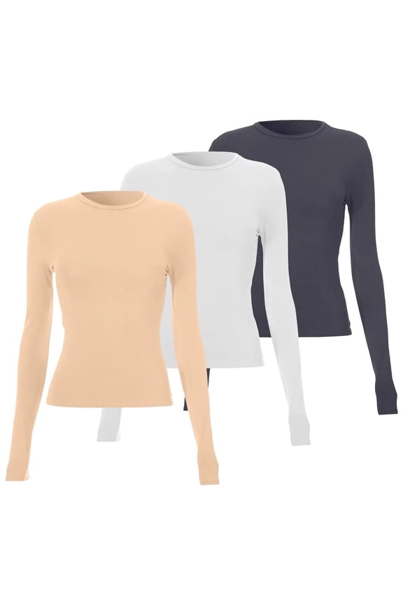Long Sleeve Shirts 3 Pieces Women Basic Long Sleeve Top Slim Baby Tee Round Neck Dupe Crop Layering Slim Top Blouse Aesthetic Streetwear A
