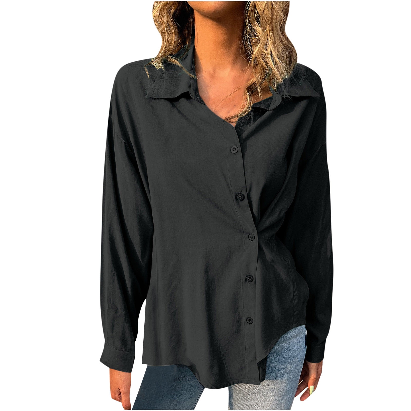 Long Sleeve Shirts Button Down Collared Solid Dressy Plus Size Tops for  Women Tunic Tops to Wear with Leggings Flowy Hide Belly Long Shirt Comfy  Black