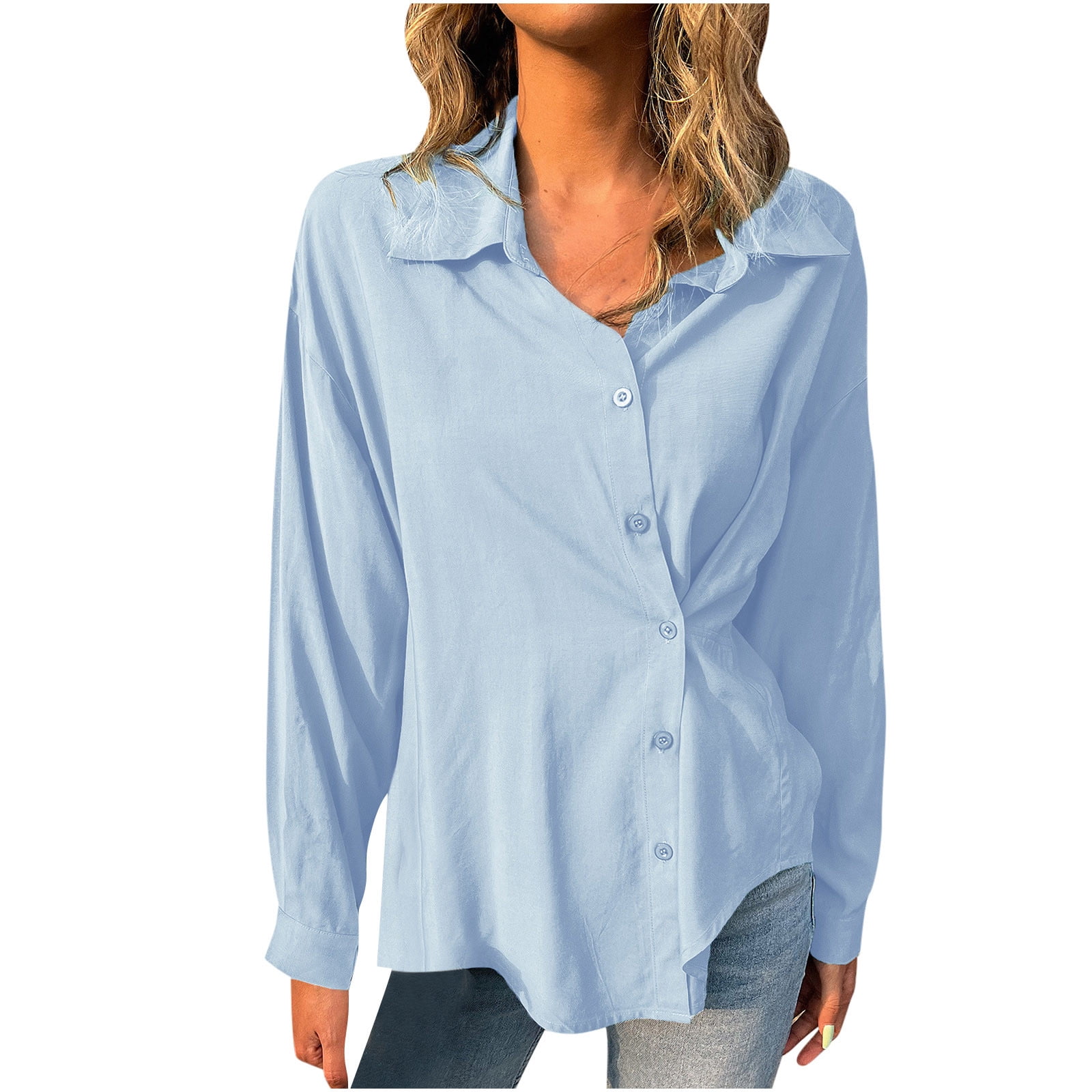 Long Sleeve Shirts Button Down Collared Solid Dressy Plus Size Tops for ...