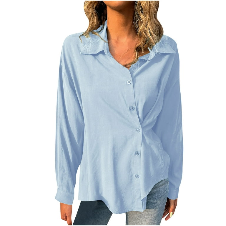 Long Sleeve Shirts Button Down Collared Solid Dressy Plus Size Tops for  Women Tunic Tops to Wear with Leggings Flowy Hide Belly Long Shirt Comfy  Blue