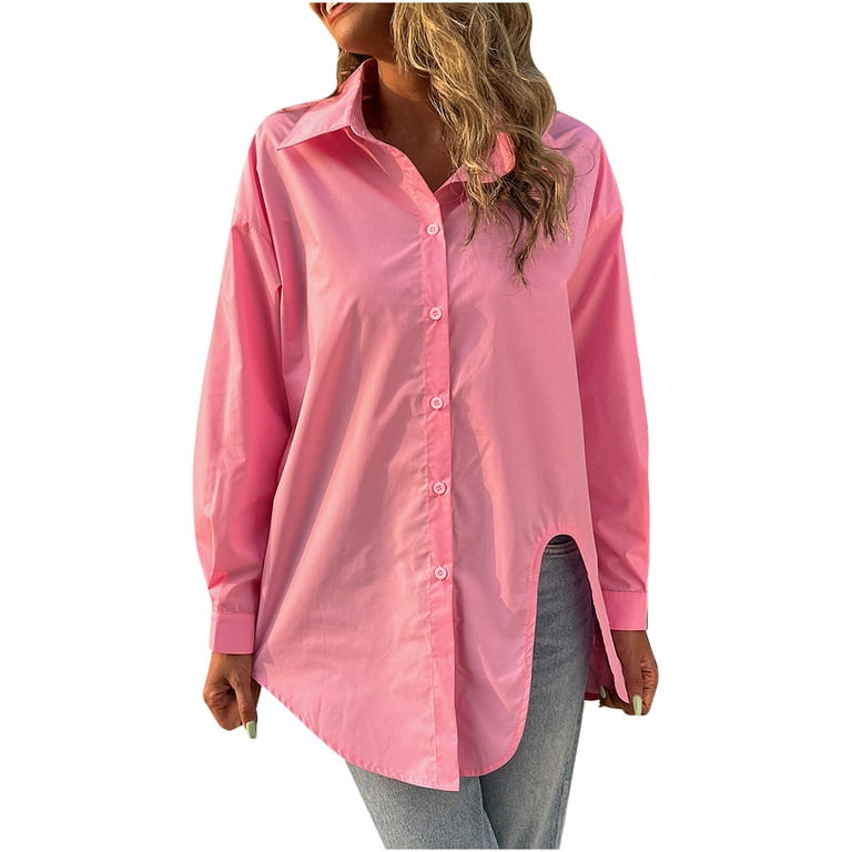 Long Sleeve Shirts Comfy Button Down Collared Solid Plus Size Tops for  Women Tunic Tops to Wear with Leggings Flowy Hide Belly Long Shirt Dressy  Pink