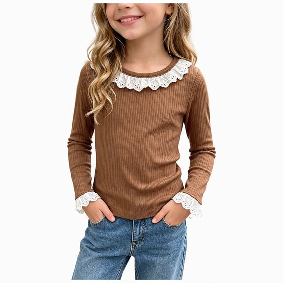 Long Sleeve Shirts For Girls 1T 2T 3T 4T 5T 6T 7T 8T 10T 11T 12T 13T 14T Crewneck Top with Ruffle Collar and Lace Cuffs Girls Clothes Size 5-6T