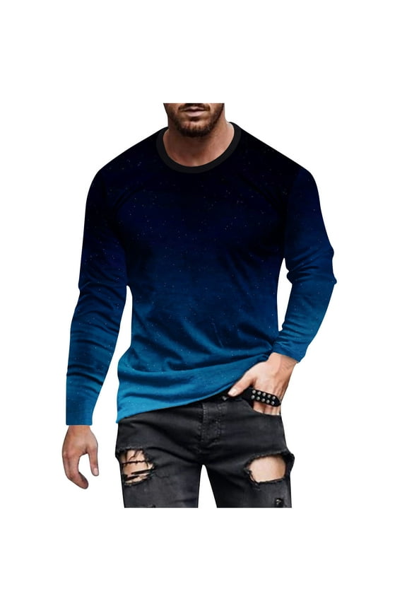 Long Sleeve Shirts For Men Qiggri Men Casual Gradient Printing Round Neck Long Sleeve Pullover T-Shirt Tops