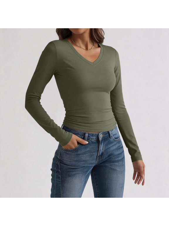 Long Sleeve Shirts For Women 2026 Fall Fashion V Neck Basics Crop Tops Slim Fitted Y2K Tops Clothes