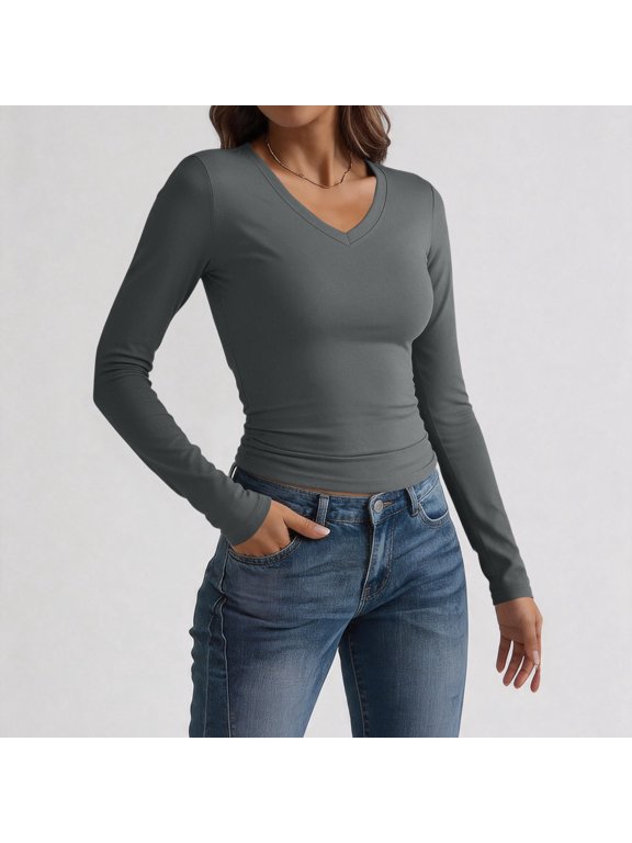 Long Sleeve Shirts For Women 2026 Fall Fashion V Neck Basics Crop Tops Slim Fitted Y2K Tops Clothes