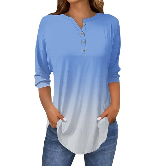 Long Sleeve Shirts For Women 3/4 Length Sleeve Tops Spring Neck Casual Print Tunic T Shirts Three Quarter Length Tops Womens Long Sleeve Tops